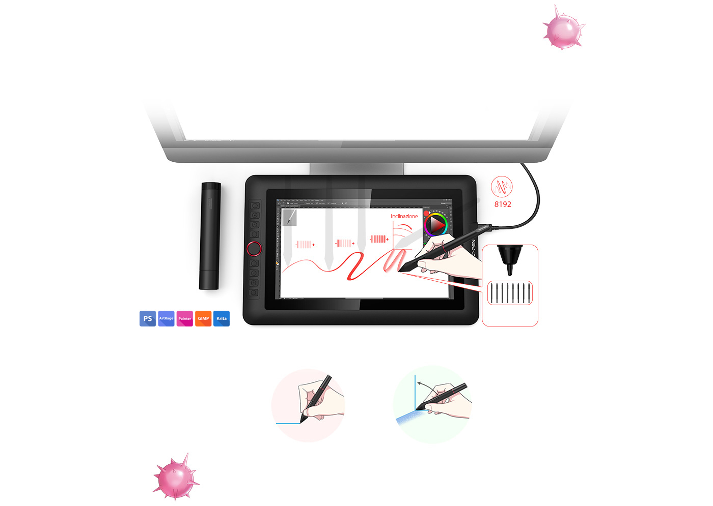 XP-Pen Artist 13.3 Pro portable drawing monitor supports up to 60 degrees of tilt function